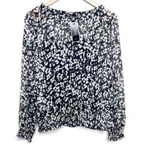 New Alfani Womens Sheer Black White Abstract Print Long Sleeve Smocked Hem Top